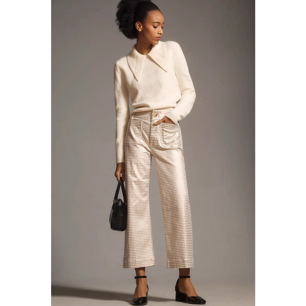 Meave The Colette Crop Wide Leg Pants Metallic Dot Print White Rose Gold NWOT 25 - Picture 2 of 8